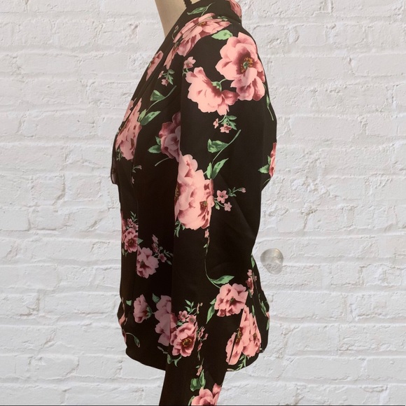 BLACK FLORAL PRINT SHAWL COLLAR BLAZER JACKET - Picture 7 of 13